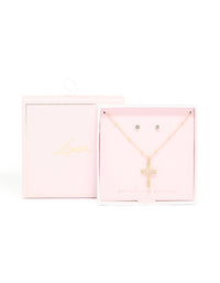 Gold Diamante Cross Pendant Necklace & Stud Earrings Set - link has visual effect only