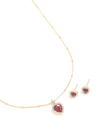 Gold Red Diamante Heart Halo Necklace & Stud Earrings Set - link has visual effect only