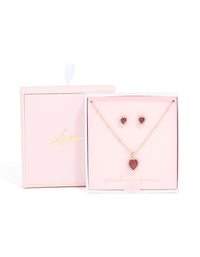 Gold Red Diamante Heart Halo Necklace & Stud Earrings Set - link has visual effect only
