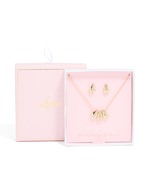 Gold Diamante Centre Petal Necklace & Stud Earrings Set