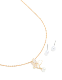 Gold Pearl Butterfly Pendant Necklace & Pearl Stud Earrings Set - link has visual effect only