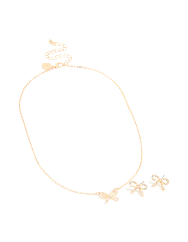 Gold Bow Necklace & Earrings Set
