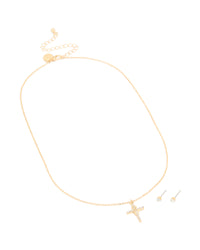 Gold Plated Diamante Cross Necklace & Classic Stud Earrings Set - link has visual effect only