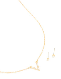 Gold Plated Cubic Zirconia V Pendant Necklace & Stud Earrings Set - link has visual effect only