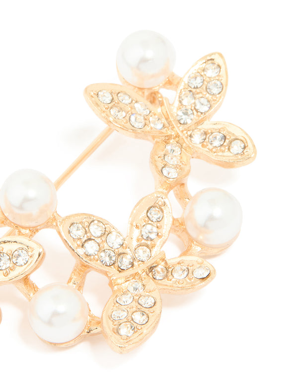 Gold Pearl Diamante Butterfly Trio Brooch
