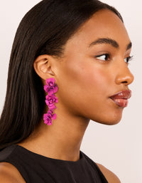 Fuschia Pink Coated Metal Triple Flower Drop Earrings - link has visual effect only