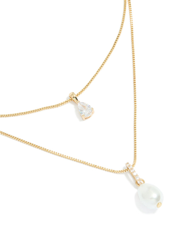Gold Plated Cubic Zirconia Pearl Layered Necklace