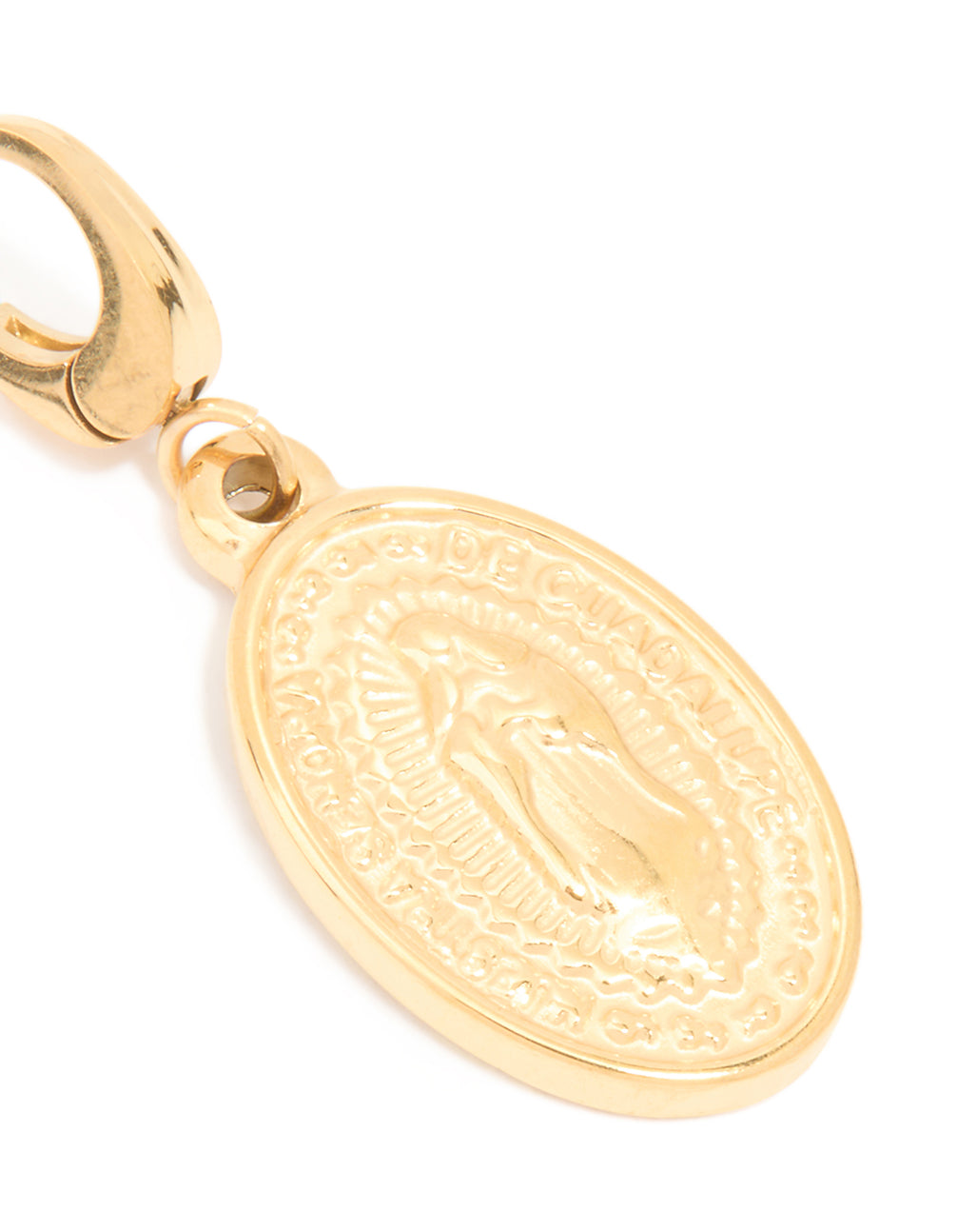 Showcasing a waterproof gold plated stainless steel Mary disc charm close up view