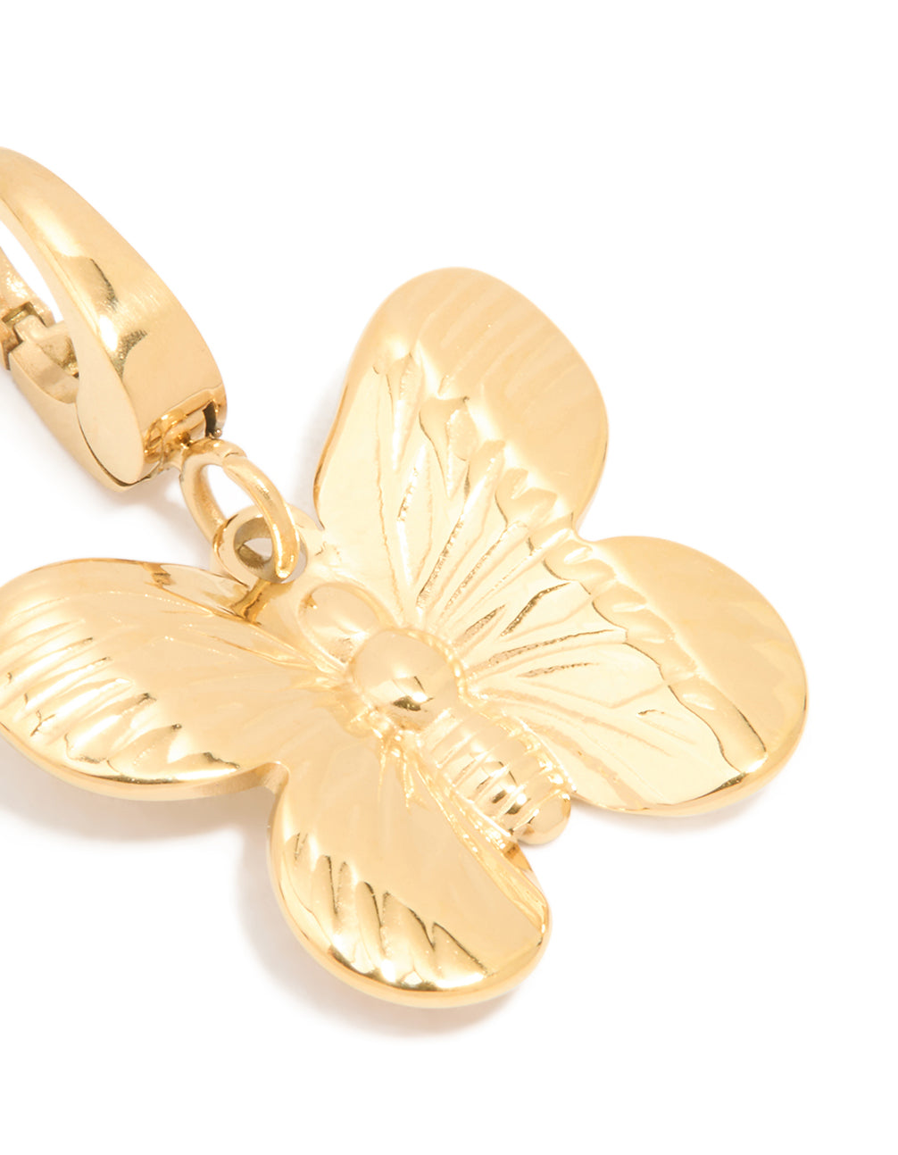 Featuring a waterproof butterfly charm in gold plated stainless steel close up view