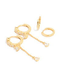 Gold Plated Brass Cubic Zirconia Chain & Smooth Huggie Earrings 2-Pack - link has visual effect only