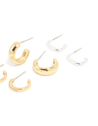 Mixed Metal Brass Cubic Zirconia Stud & Hoop Earrings 3-Pack - link has visual effect only