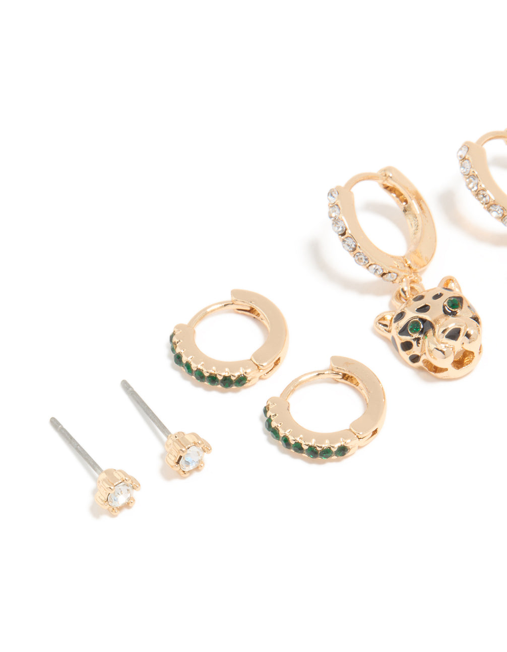 Gold Emerald Cubic Zirconia Panther & Huggie Earrings 4-Pack