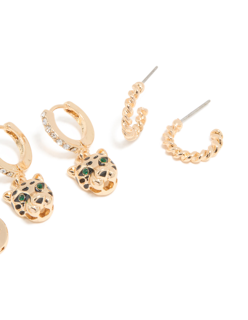 Gold Emerald Cubic Zirconia Panther & Huggie Earrings 4-Pack