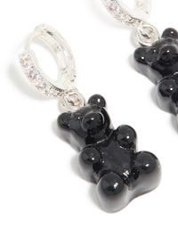 Silver Cubic Zirconia & Black Teddy Bear Huggie Earrings - link has visual effect only