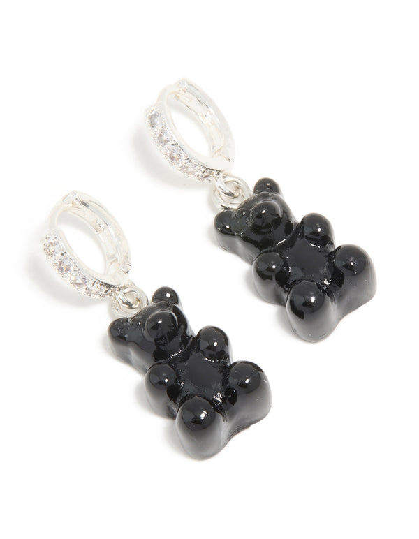 Silver Cubic Zirconia & Black Teddy Bear Huggie Earrings