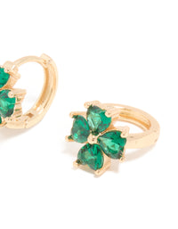 Gold Emerald Cubic Zirconia Clover Huggie Earrings - link has visual effect only
