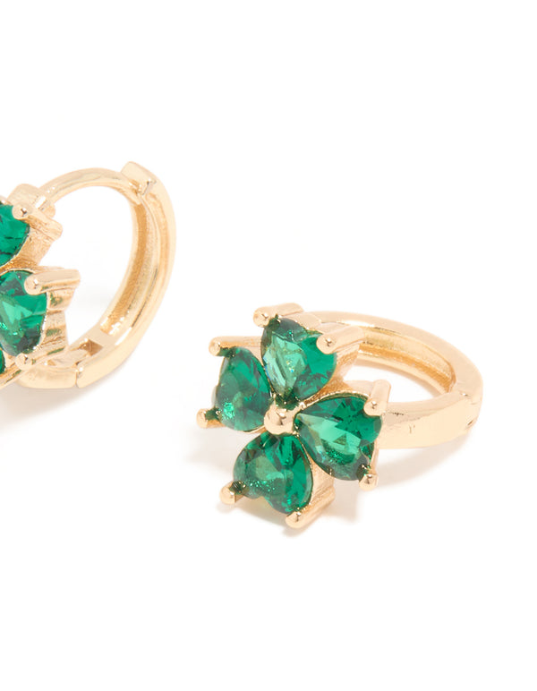 Gold Emerald Cubic Zirconia Clover Huggie Earrings
