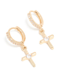 Gold Cubic Zirconia Cross Drop Huggie Earrings - link has visual effect only