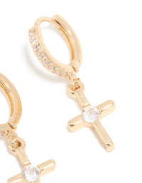 Gold Cubic Zirconia Cross Drop Huggie Earrings - link has visual effect only