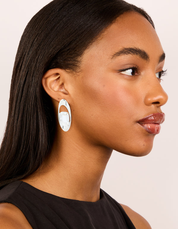 Silver Diamante Oval Stud Earrings