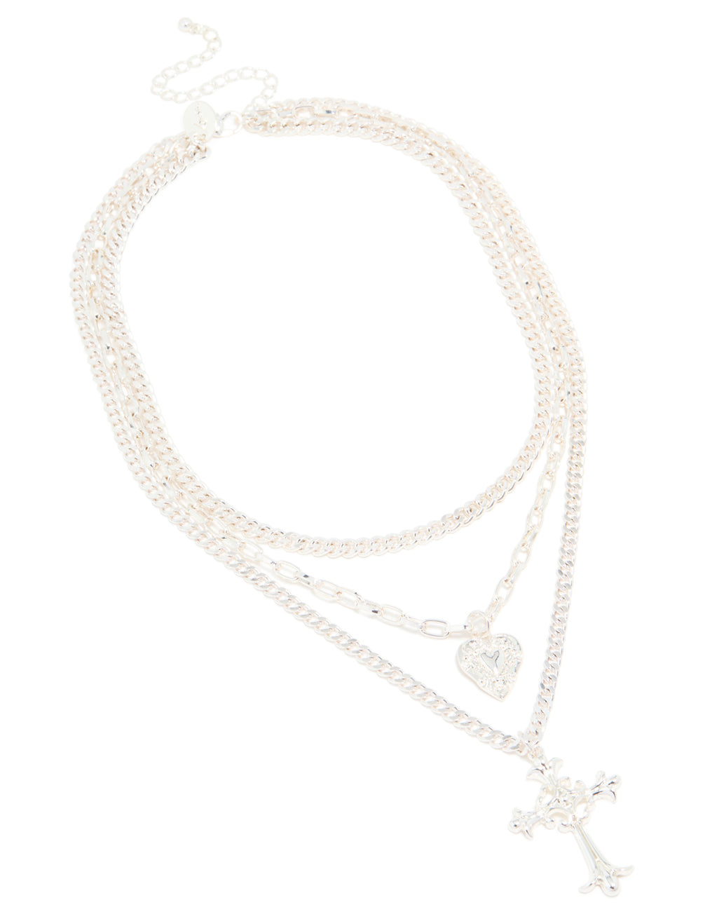 Silver Chain Heart & Gothic Cross Layered Necklace