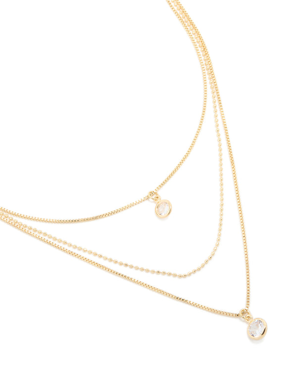 Gold Plated Cubic Zirconia & Chain Layered Necklace
