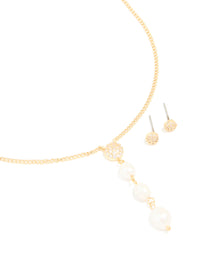 Gold Plated Cubic Zirconia Freshwater Pearl Drop Earrings & Necklace Set - link has visual effect only