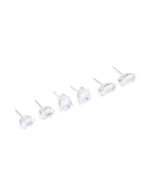 Silver Cubic Zirconia Marquise Mixed Shape Stud Earrings 3-Pack
