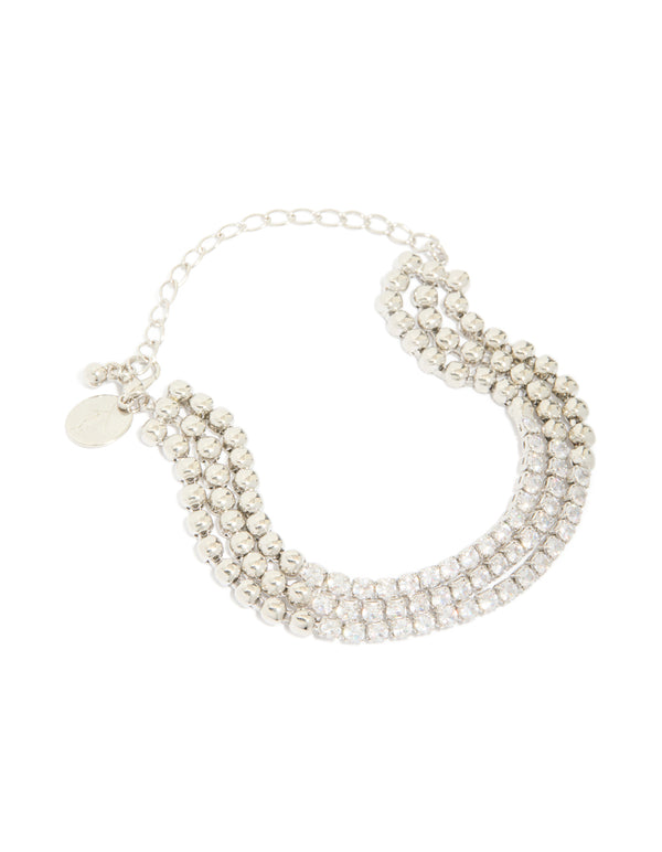 Silver Cubic Zirconia Half Cup Chain Layered  Bracelet