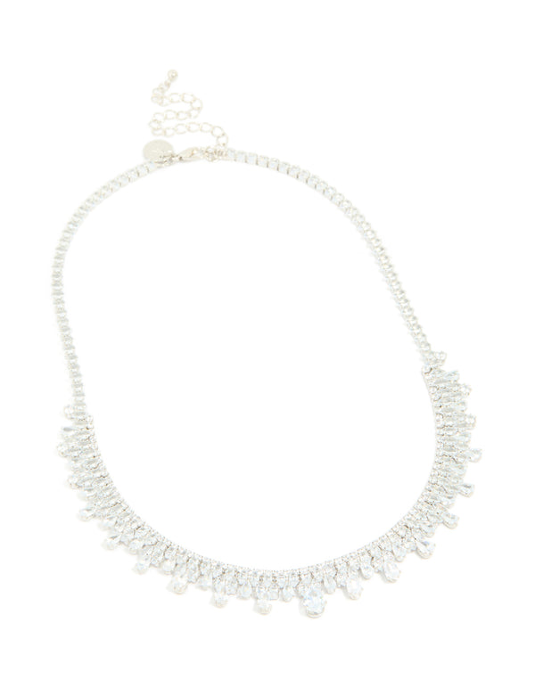 Silver Cubic Zirconia Vintage Multi Pear Drops Necklace