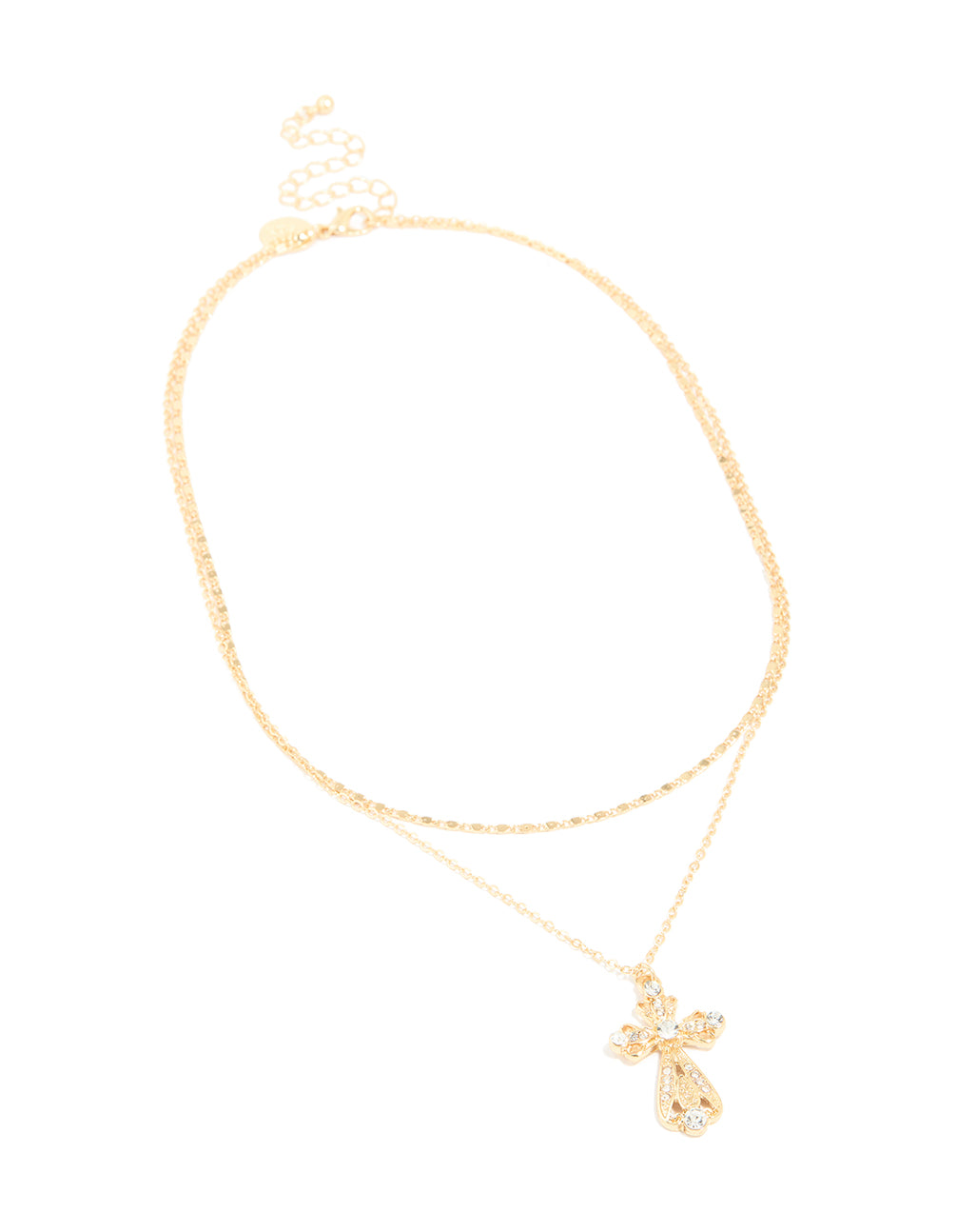 Gold Plated Diamante Filigree Cross & Chain Layered Necklace