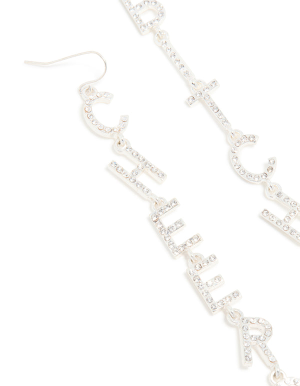 Silver Diamante Cheers B*tches Drop Earrings