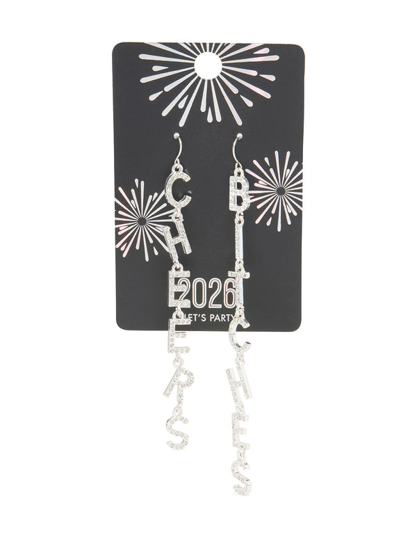 Silver Diamante Cheers B*tches Drop Earrings