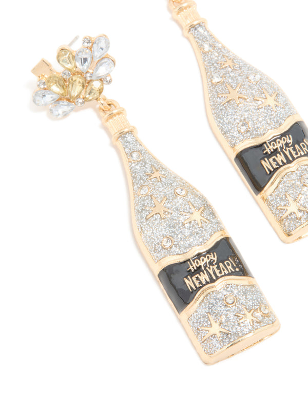 Gold Diamante Champagne Bottle & Star Earrings