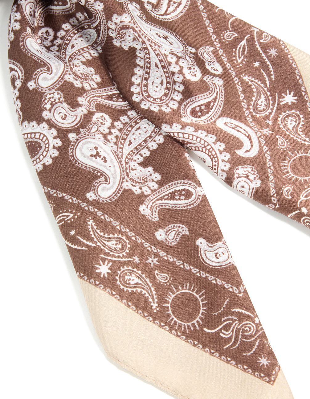 Elegant brown paisley printed fabric scarf in rosy white and wheat shades detail view