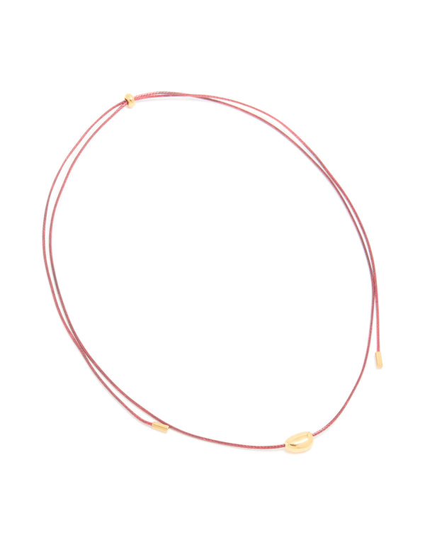 Waterproof Gold Plated Stainless Steel Miini Pebble Pendant Pink Cord Necklace