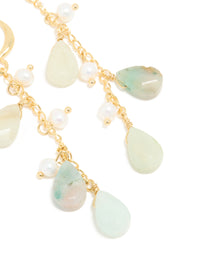 Gold Plated Freshwater Pearl & Green Semi Precious Stone Chain Drop Hook Earrings - link has visual effect only