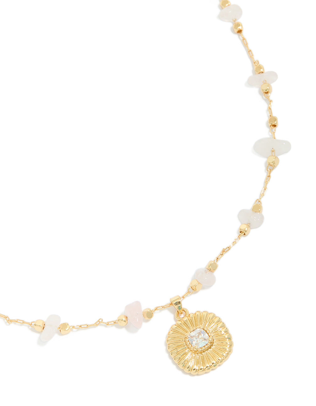 Gold Rose Quartz Semi Precious & Cubic Zirconia Ribbed Pendant Necklace