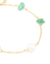 Waterproof Gold-Plated Stainless Steel Pearl & Green Semi Precious Stone Chip Bracelet - link has visual effect only