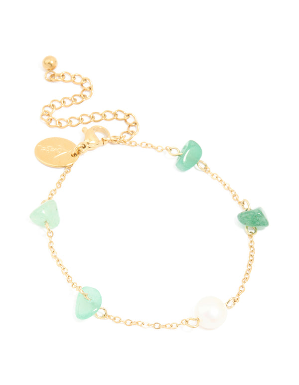 Waterproof Gold-Plated Stainless Steel Pearl & Green Semi Precious Stone Chip Bracelet