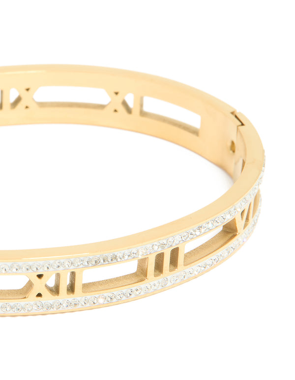 Waterproof Gold Plated Stainless Steel Diamante Roman Numeral Bangle