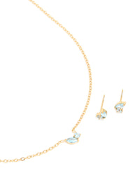 Waterproof Gold Plated Stainless Steel March Blue Cubic Zirconia Birthstone Necklace & Earrings Set - link has visual effect only