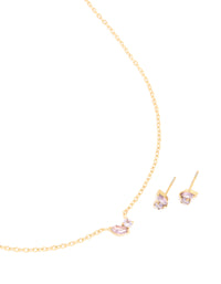 Waterproof Gold Plated Stainless Steel February Lilac Cubic Zirconia Birthstone Necklace & Earrings Set - link has visual effect only