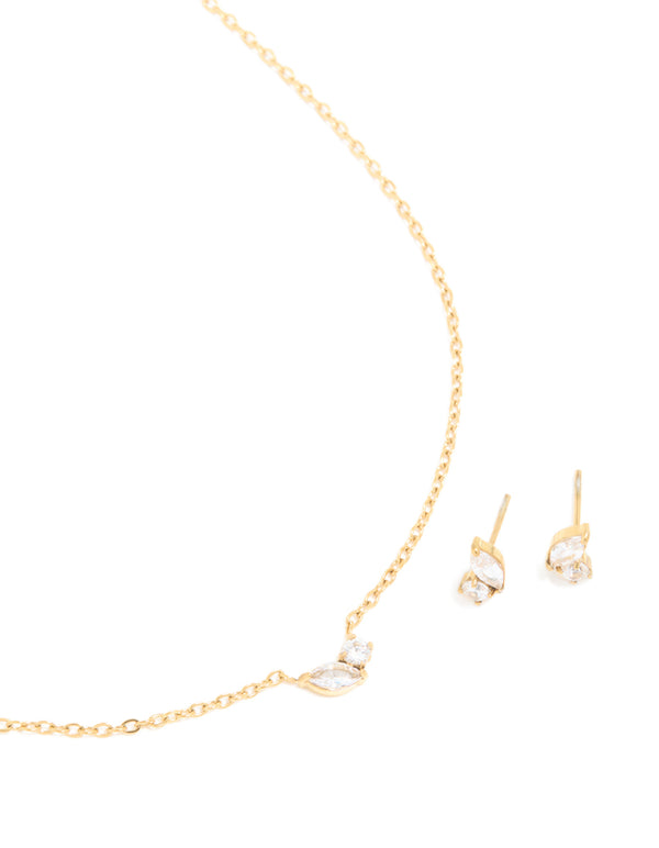 Waterproof Gold Plated Stainless Steel April Cubic Zirconia Birthstone Necklace & Earrings Set
