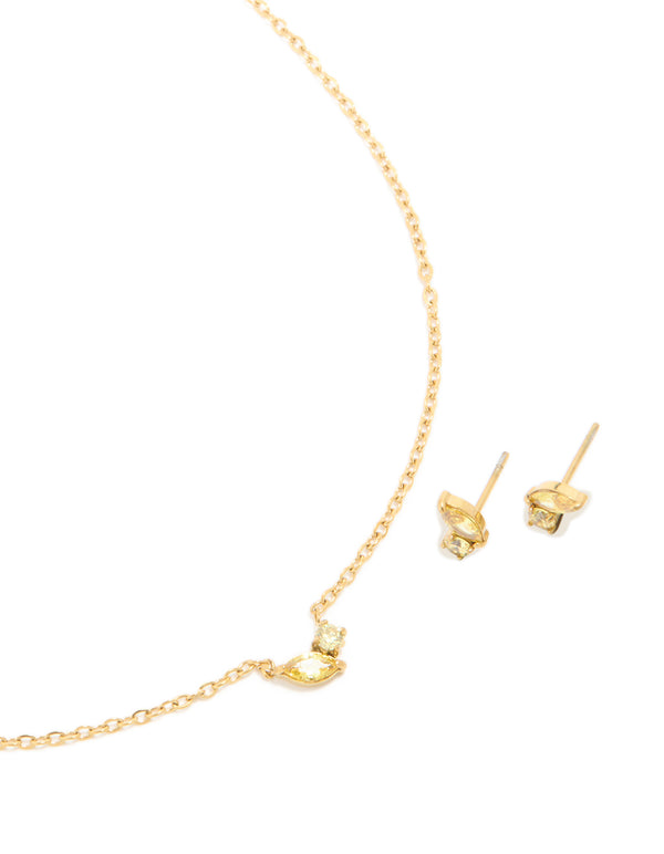 Waterproof Gold Plated Stainless Steel November Green Cubic Zirconia Birthstone Necklace & Earrings Set