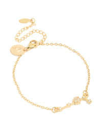Featuring a waterproof celestial bracelet made of gold plated stainless steel with cubic zirconia and star sign accents front view - link has visual effect only