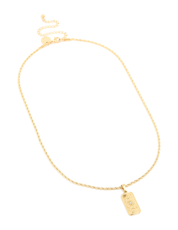Waterproof Gold Plated Stainless Steel Cubic Zirconia Celestial Etched Tab Necklace
