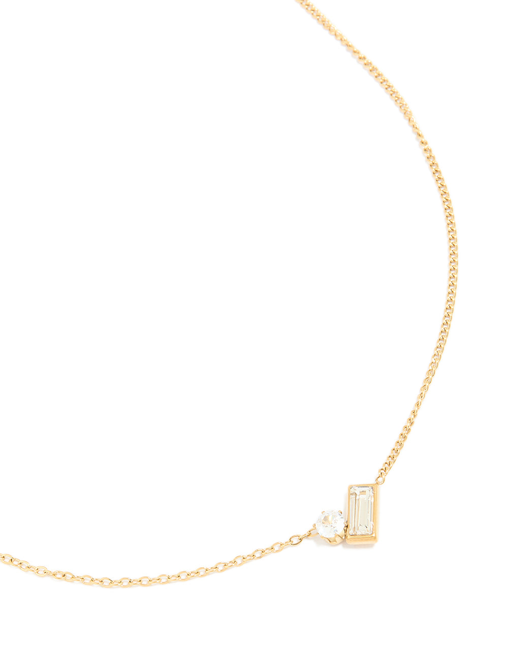Waterproof Gold Plated Stainless Steel Cubic Zirconia Baguette & Round Pendant Necklace