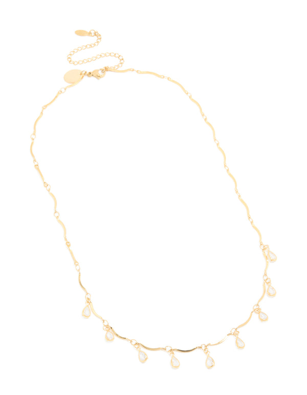 Waterproof Gold Plated Stainless Steel Cubic Zirconia Droplet Charms Necklace