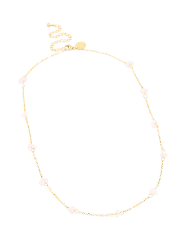 Waterproof Gold Plated Stainless Steel Rose Quartz Semi Precious Stone Chip Necklace